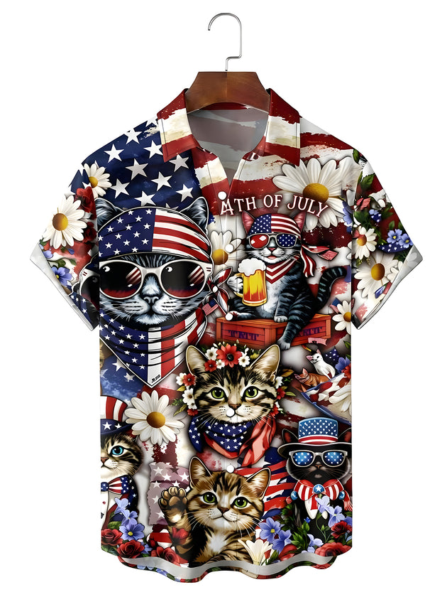 men's cat print shirt front view Independence Day