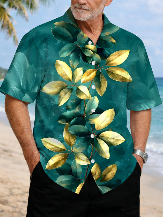 Men's Hawaiian leaf short sleeve shirt front view tropical beach vacation