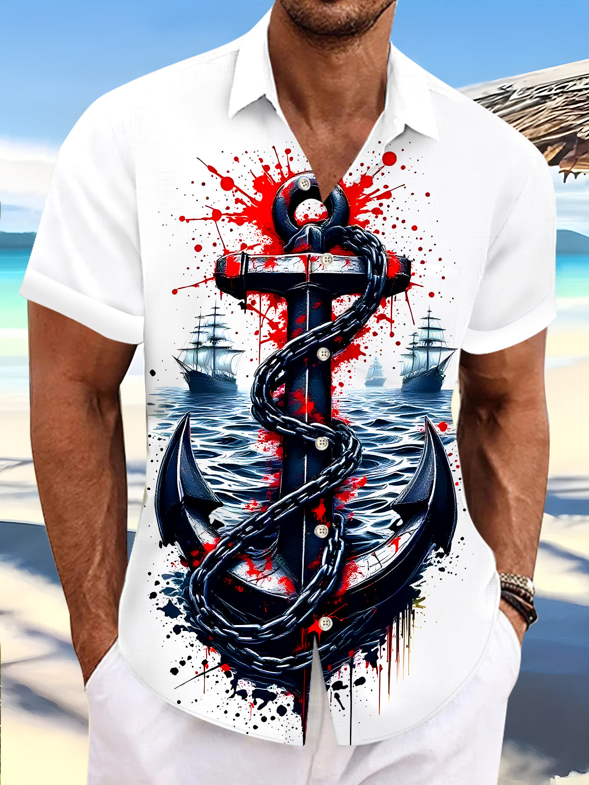 Hawaiian Boat Marine Anchor Men's Pocket Short Sleeve Shirts