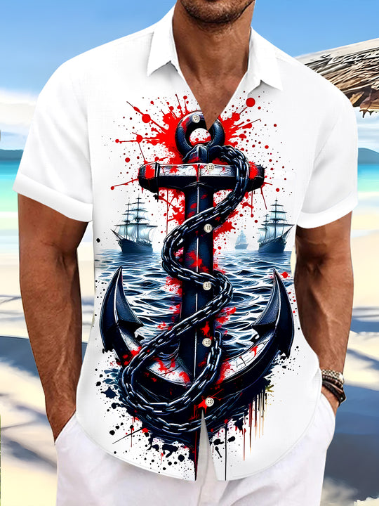 Men's colorful Hawaiian anchor printed short sleeve shirt front view for vacation resort wear