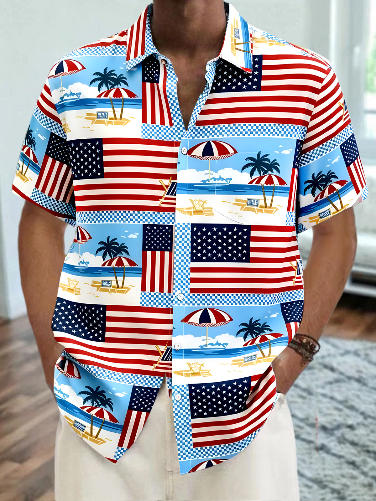 men's Hawaiian shirt front view Independence Day
