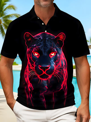 Men's black animal print short sleeve polo shirt front view