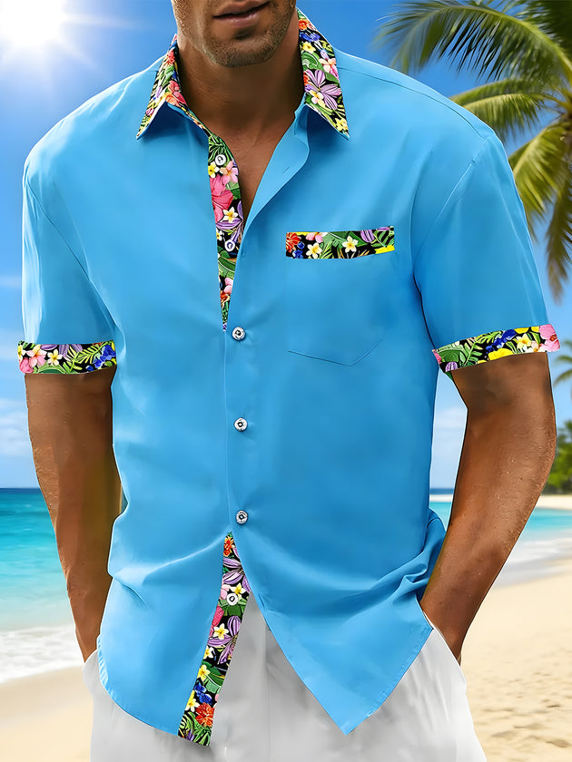 Men's Hawaiian floral pocket short sleeve shirt front view for tropical beach vacation