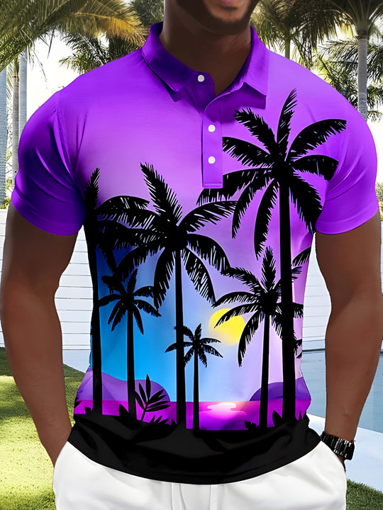 Men's short sleeve Hawaiian button polo shirt front view for tropical beach vacation