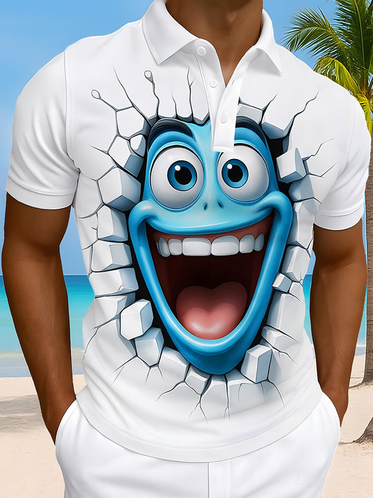 Men's short sleeve button polo shirt with funny graphic front view