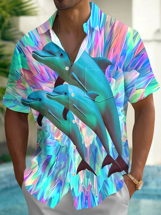 Men's Hawaiian dolphin ocean print short sleeve shirt front view for tropical beach vacation