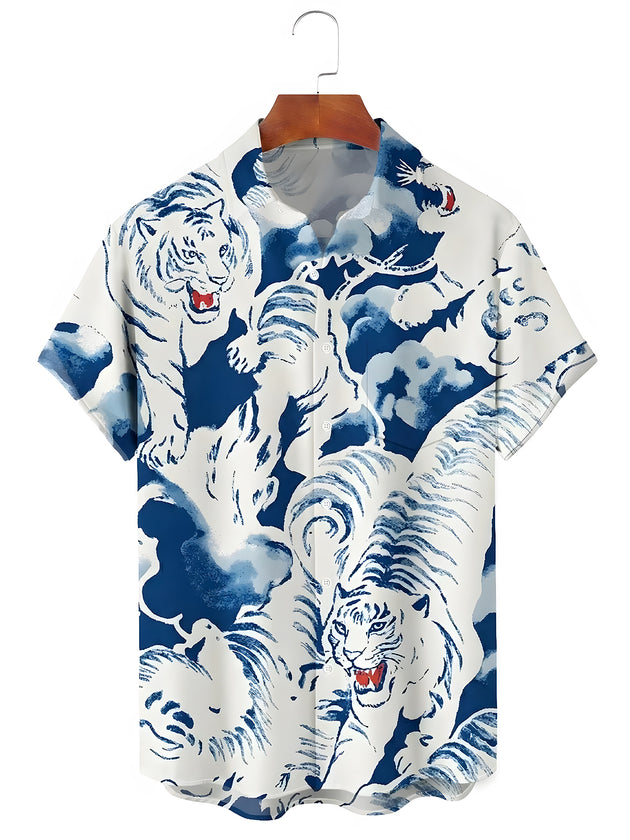Men's tiger print pocket short sleeve shirt front view