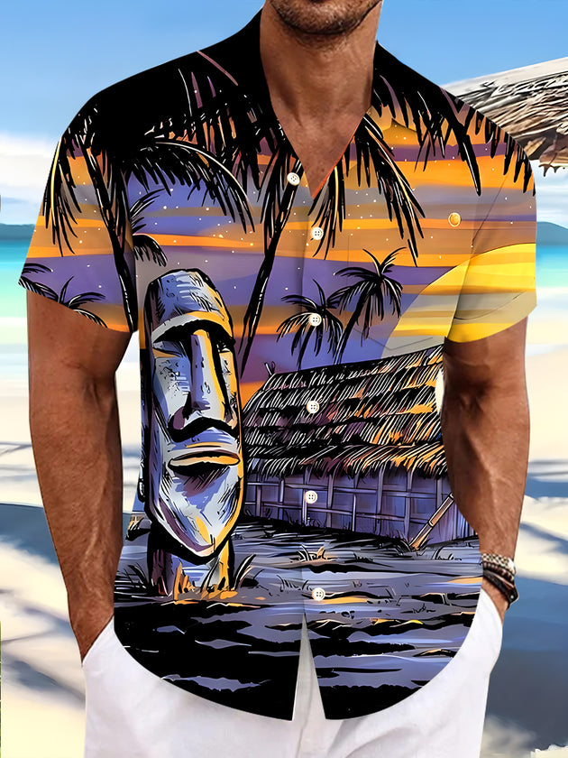 Men's blue Hawaiian short sleeve shirt front view for beach vacation