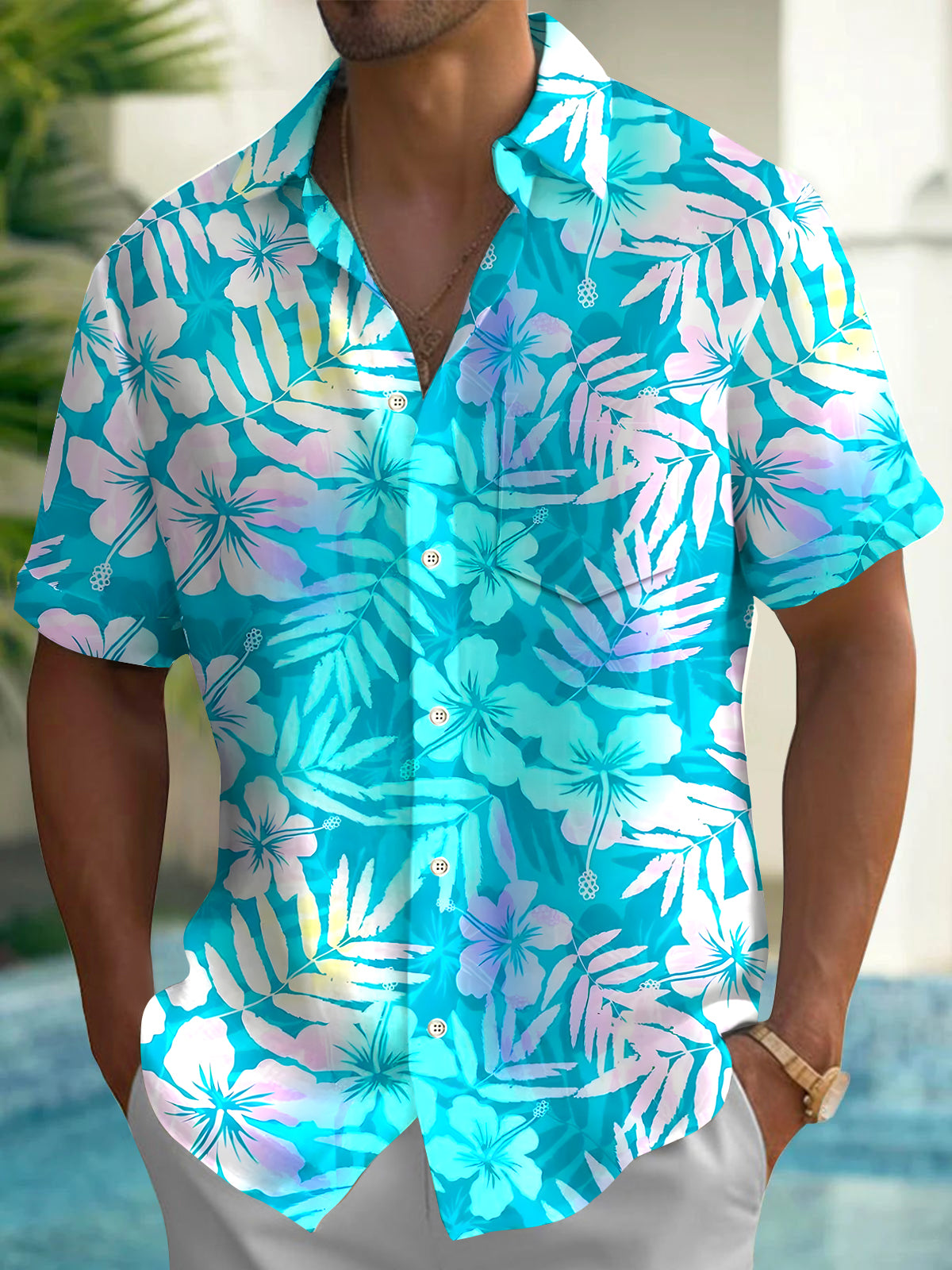 Hawaiian Floral Men's Pocket Short Sleeve Shirts