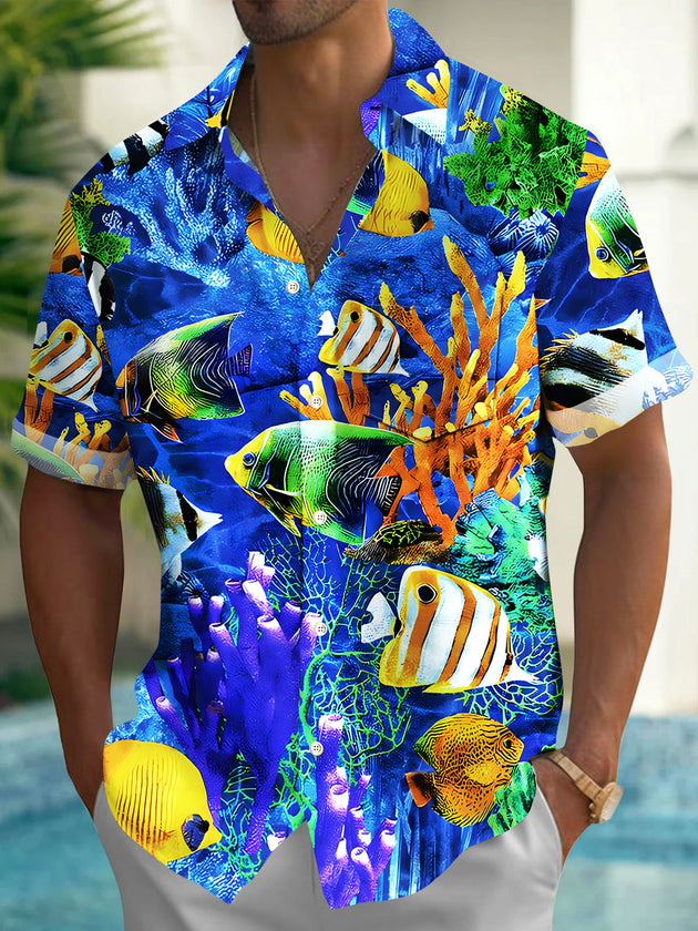 Men's Hawaiian fish print short sleeve shirt front view for tropical beach vacation