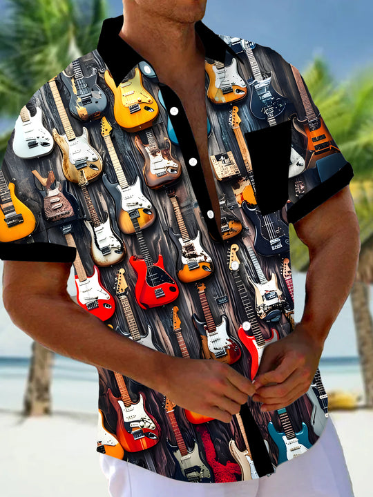 men's guitar print shirt front view