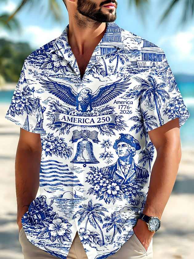 Men's American flag print pocket short sleeve shirt front view for Independence Day