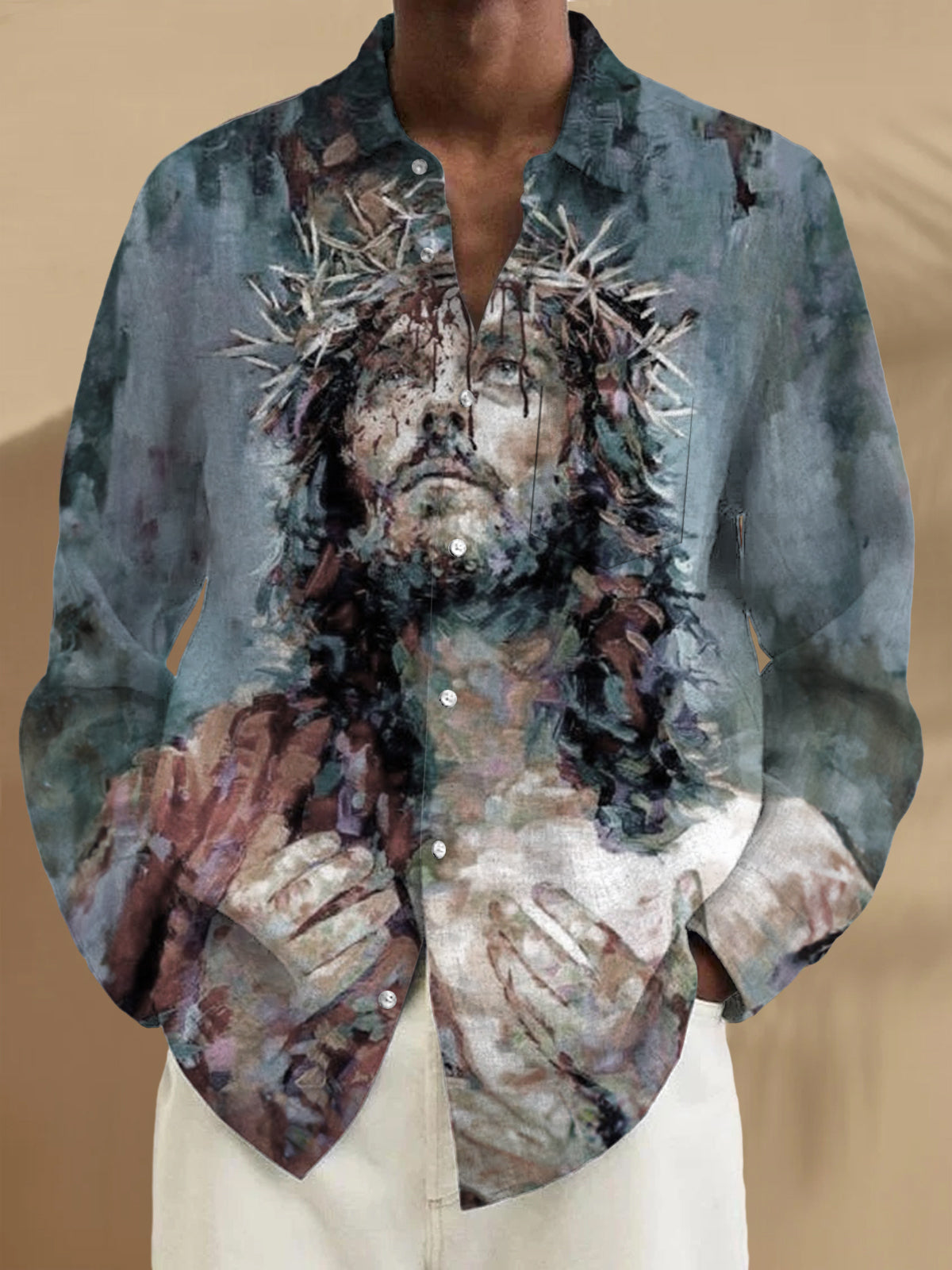 Jesus Print Long Sleeve Men's Shirts With Pocket