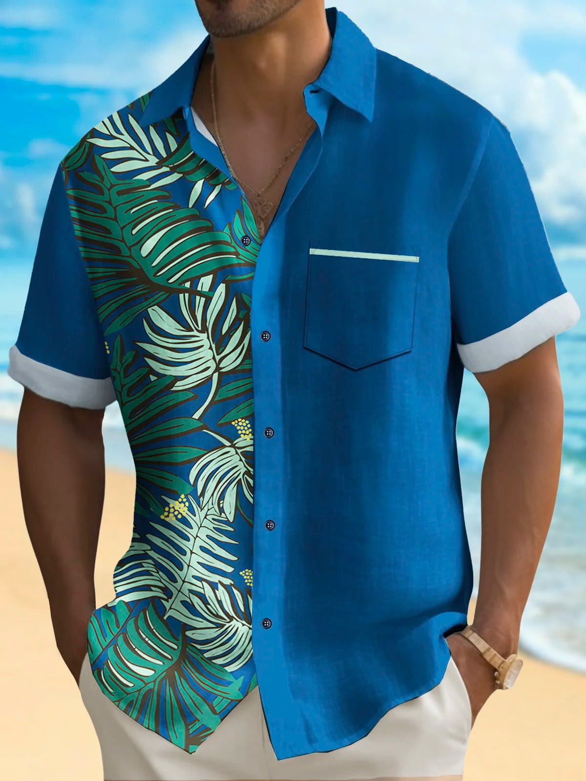 Hawaiian Plant Leaf Print Short Sleeve Men's Shirts With Pocket