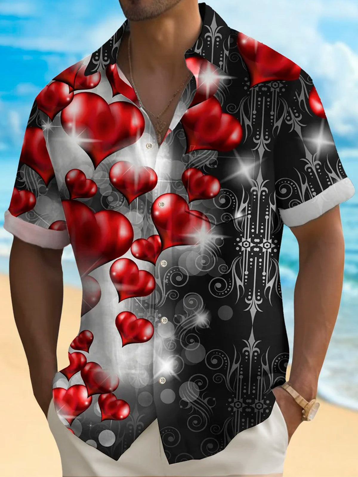 Valentine's Day Love Print Short Sleeve Men's Shirts With Pocket