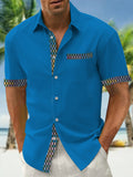 Geometric Patchwork Print Short Sleeve Men's Shirts With Pocket