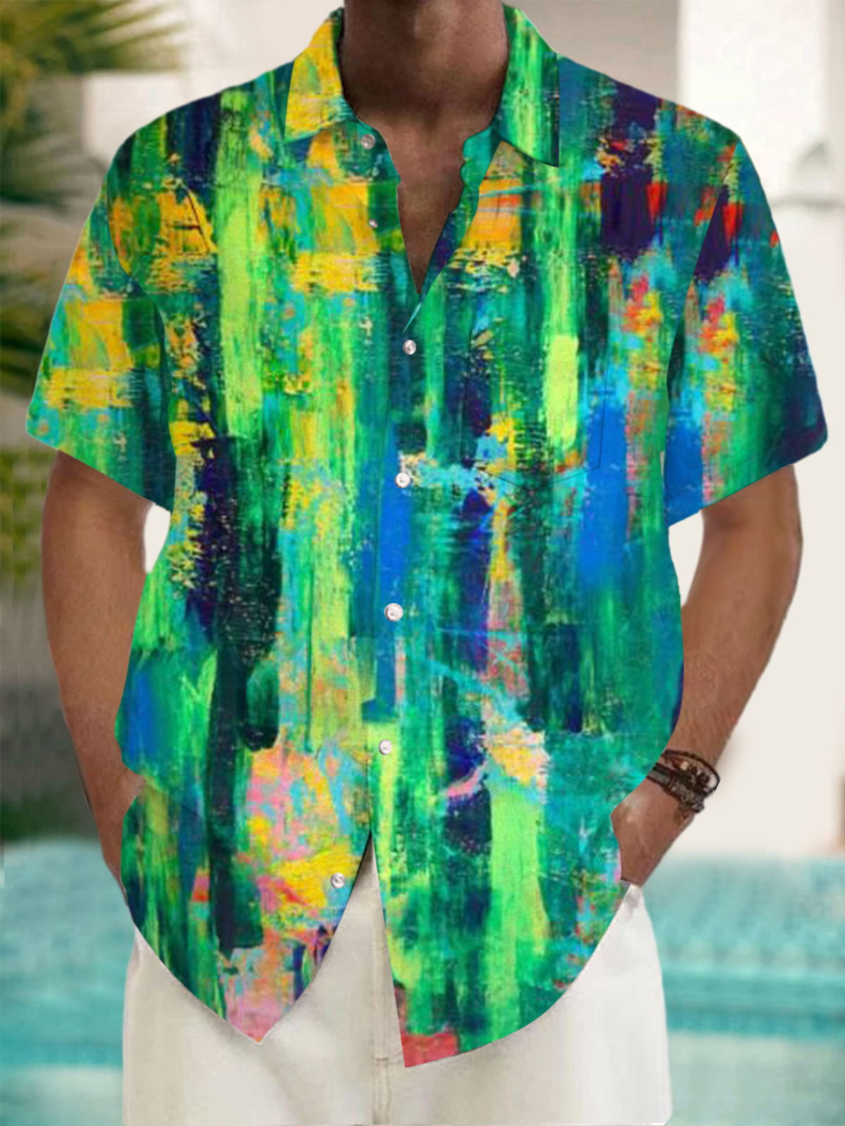 Abstract Gradient Print Short Sleeve Men's Shirts With Pocket