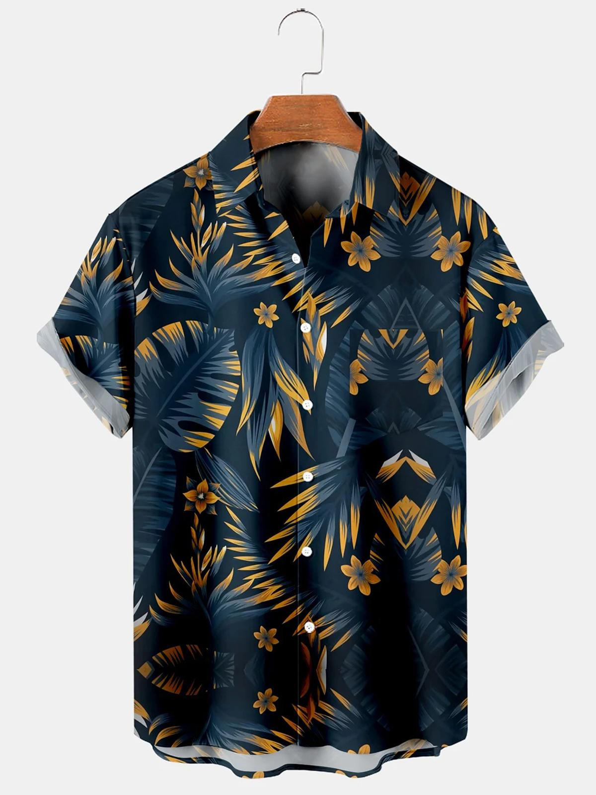 Hawaiian Gradient Palm Leaf Print Men's Shirts With Pocket