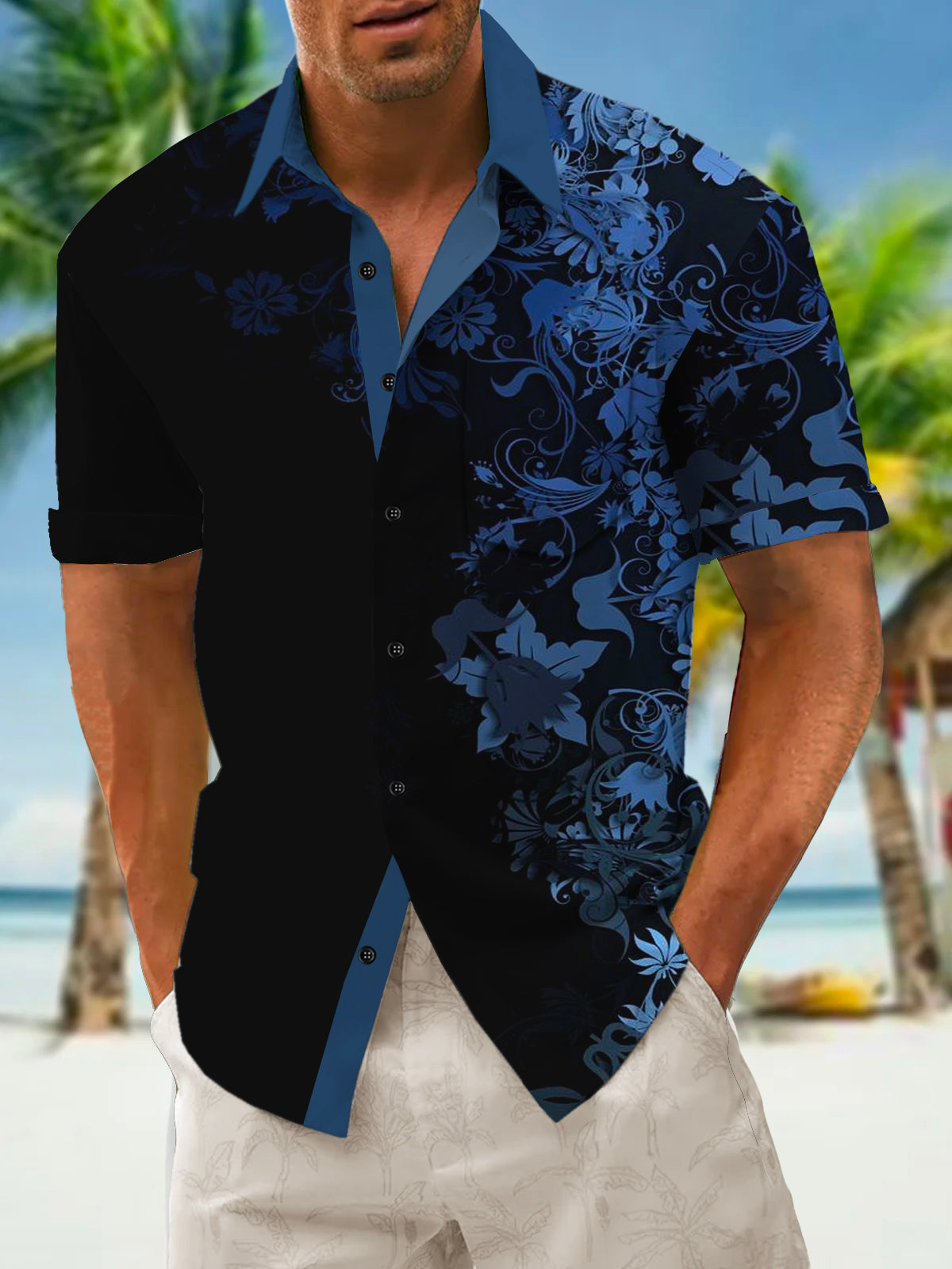 Flower Art Hawaiian Casual Retro Short Sleeve Men's Shirts With Pocket