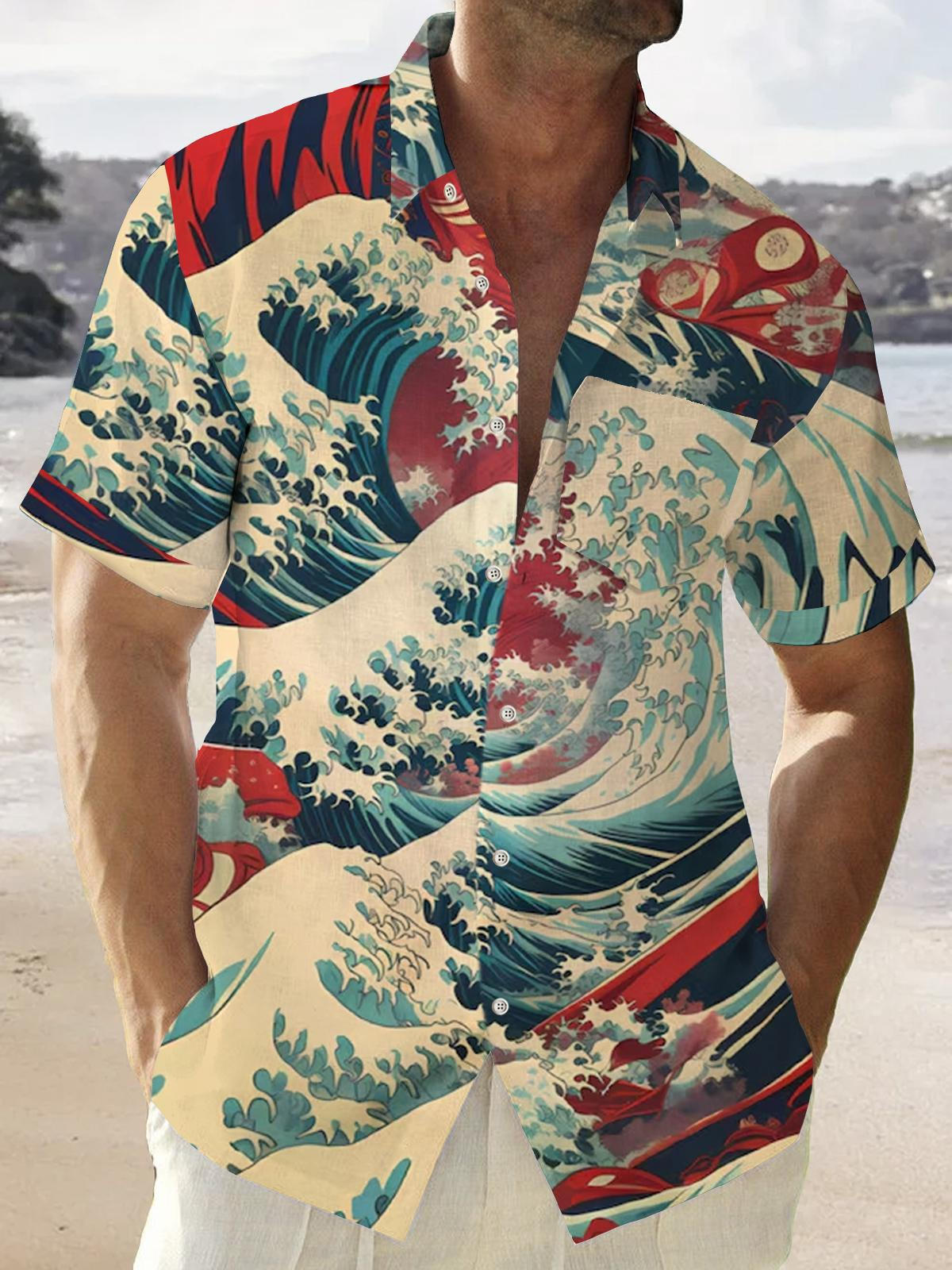 Japanese Vintage Ukiyo-E Sea Short Sleeve Men's Shirts With Pocket