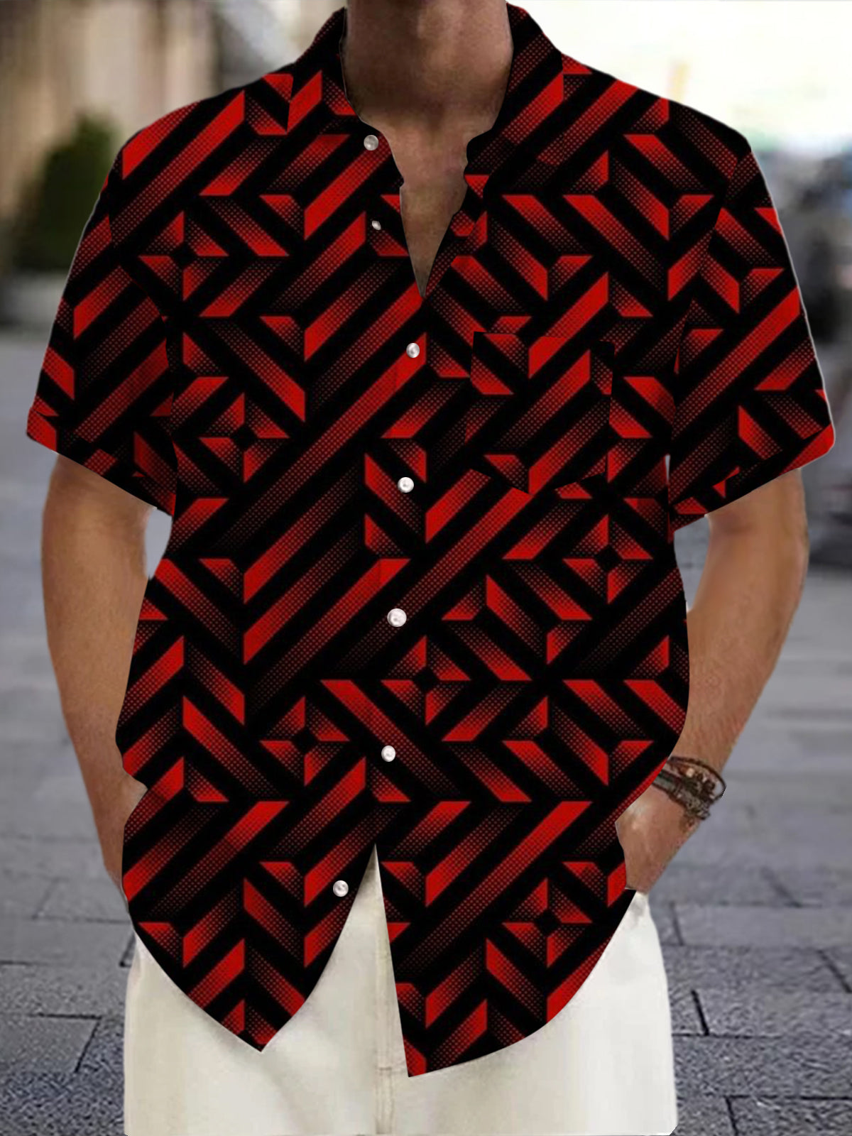 Geometric Print Short Sleeve Men's Shirts With Pocket