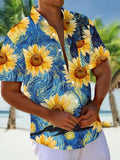 Sunflower Print Short Sleeve Men's Shirts With Pocket