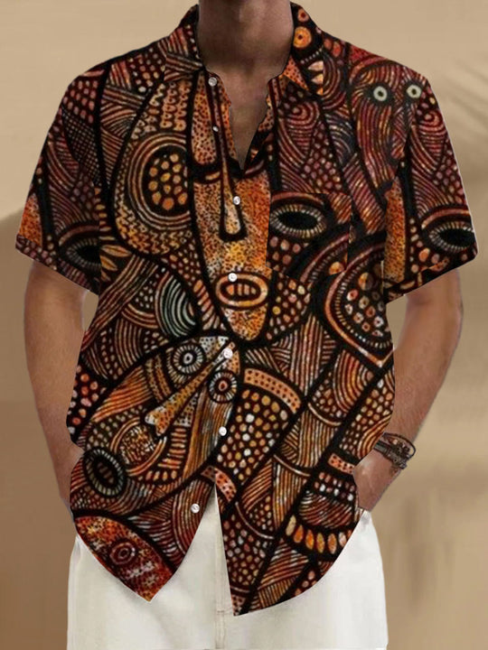 Men's short sleeve abstract face print shirt front view