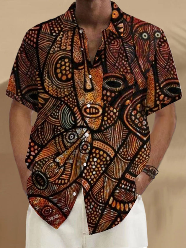 Men's short sleeve abstract face print shirt front view