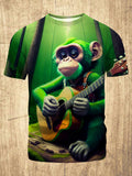 Monkey Playing Guitar Print Round Neck Short Sleeve Men's T-Shirt