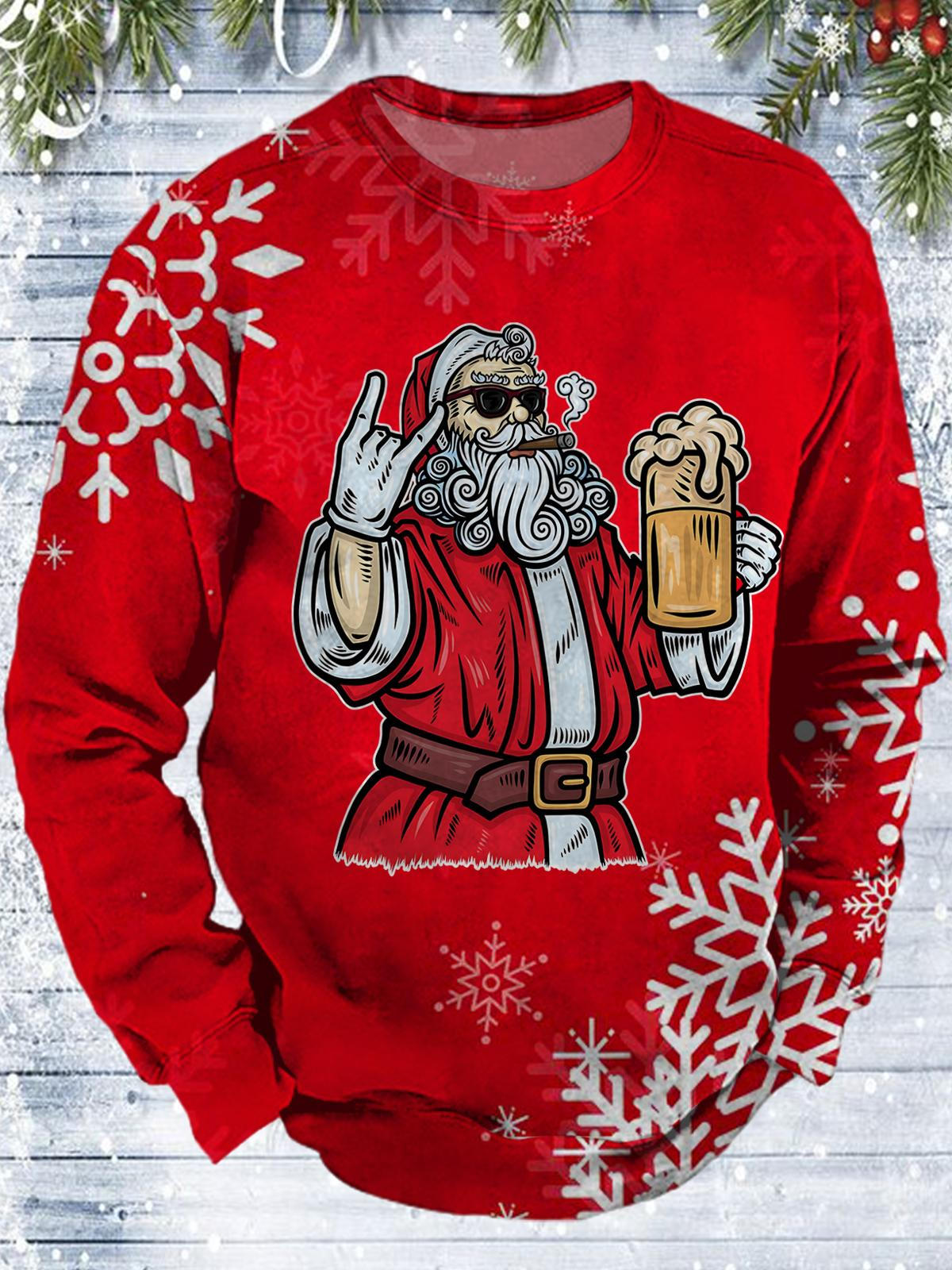 Santa Claus Print Round Neck Long Sleeve Men's Top