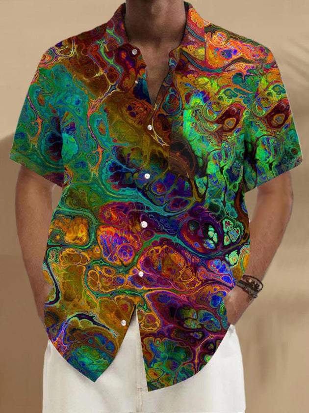 Men's Abstract Print Short Sleeve Shirt with Pocket Front View