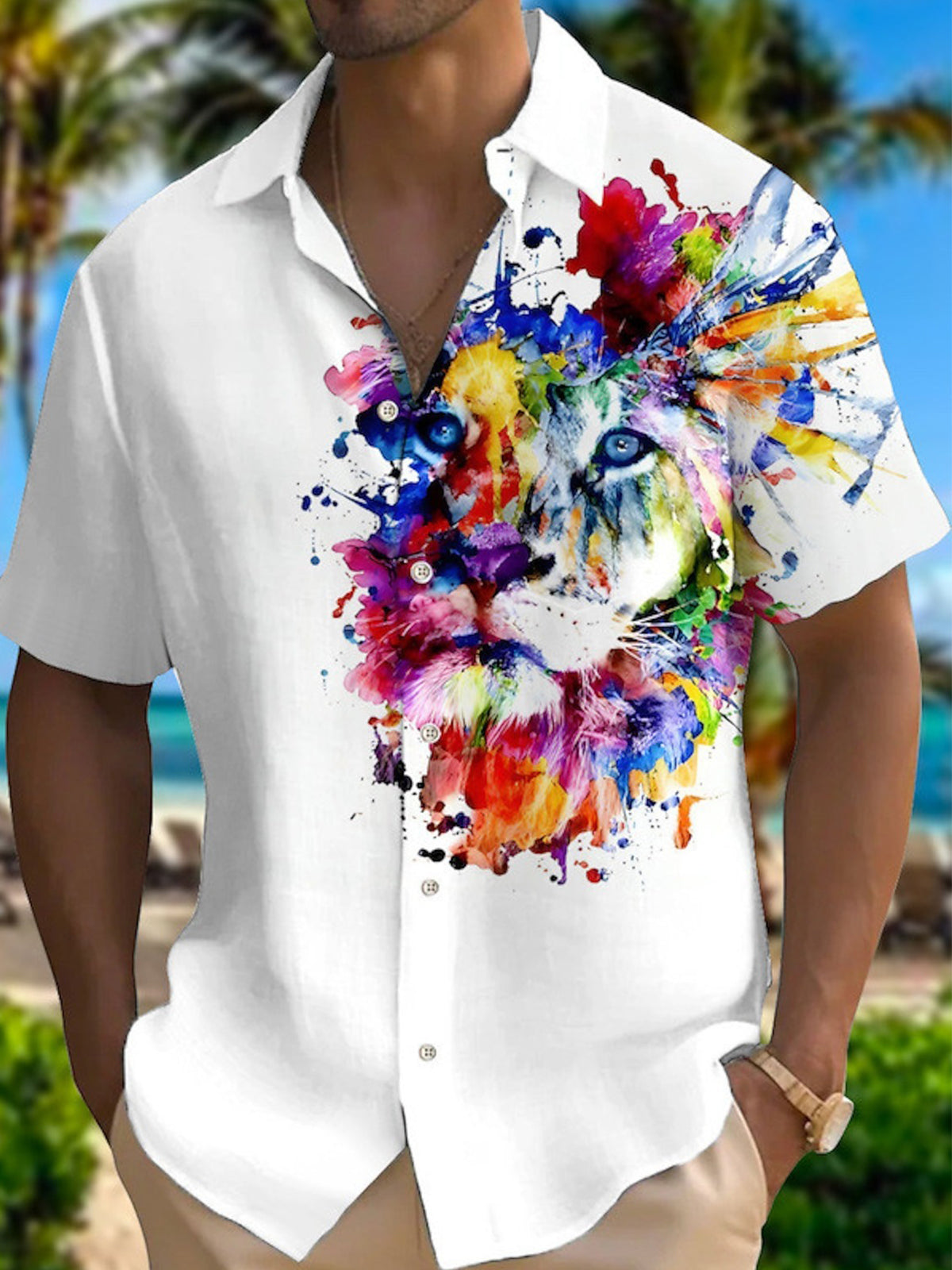 Lion Print Short Sleeve Men's Shirts With Pocket