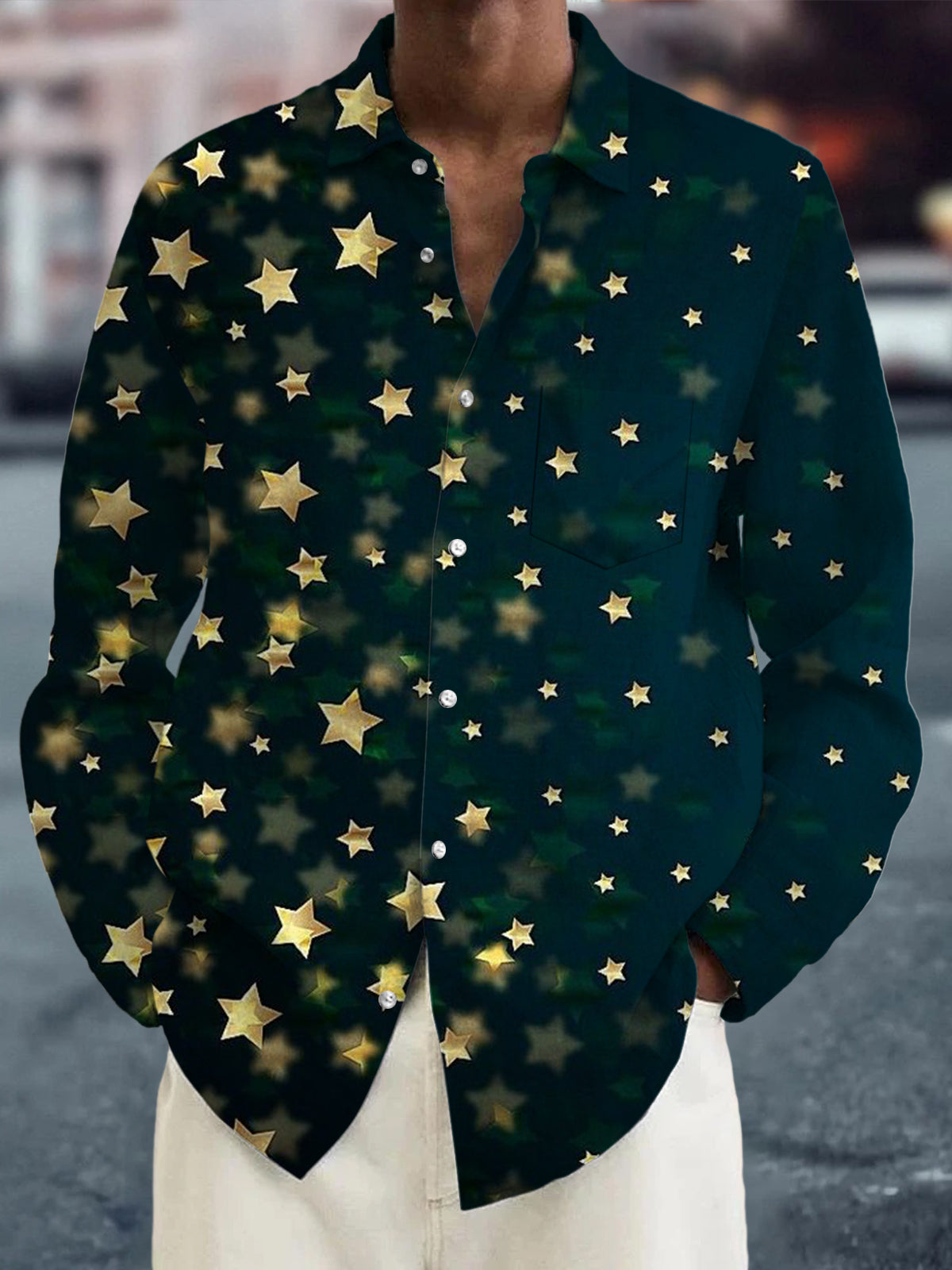 Star Print Long Sleeve Men's Shirts With Pocket