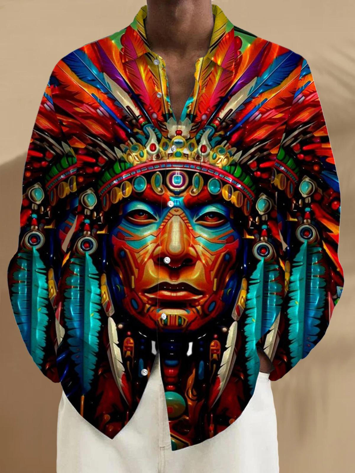 Native American Print Long Sleeve Men's Shirts With Pocket