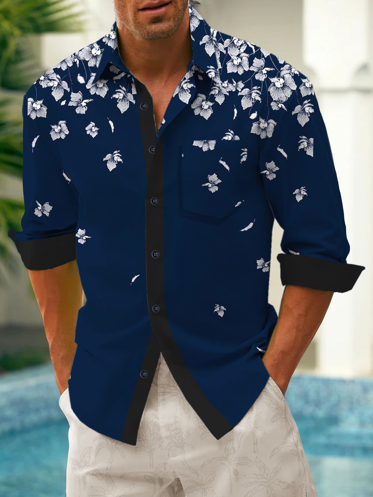 Casual Flowers Long Sleeve Men's Shirts With Pocket