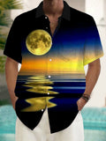 Sea Moon Print Short Sleeve Men's Shirts With Pocket