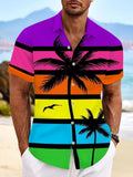 Coconut Tree Stripe Print Short Sleeve Men's Shirts With Pocket