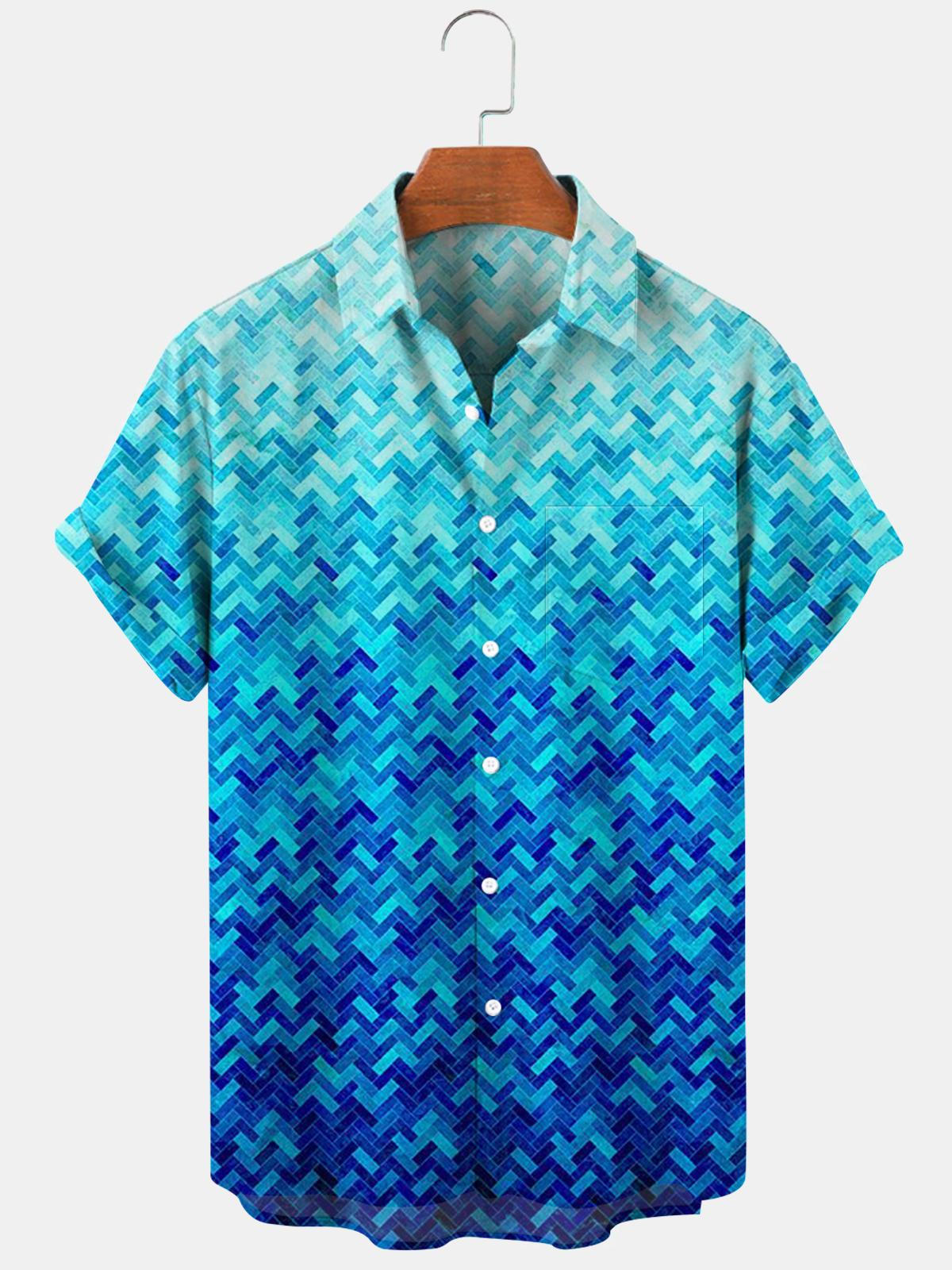 Geometric Gradient Print Short Sleeve Men's Shirts With Pocket