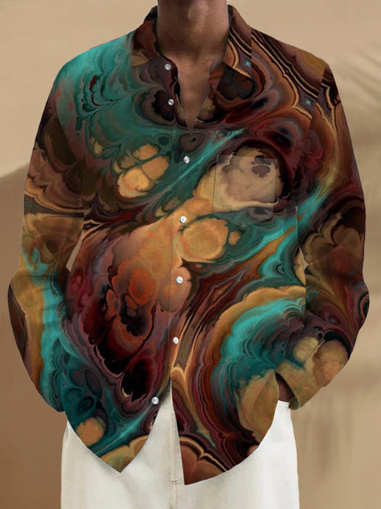 Men's long sleeve abstract print pocket shirt front view