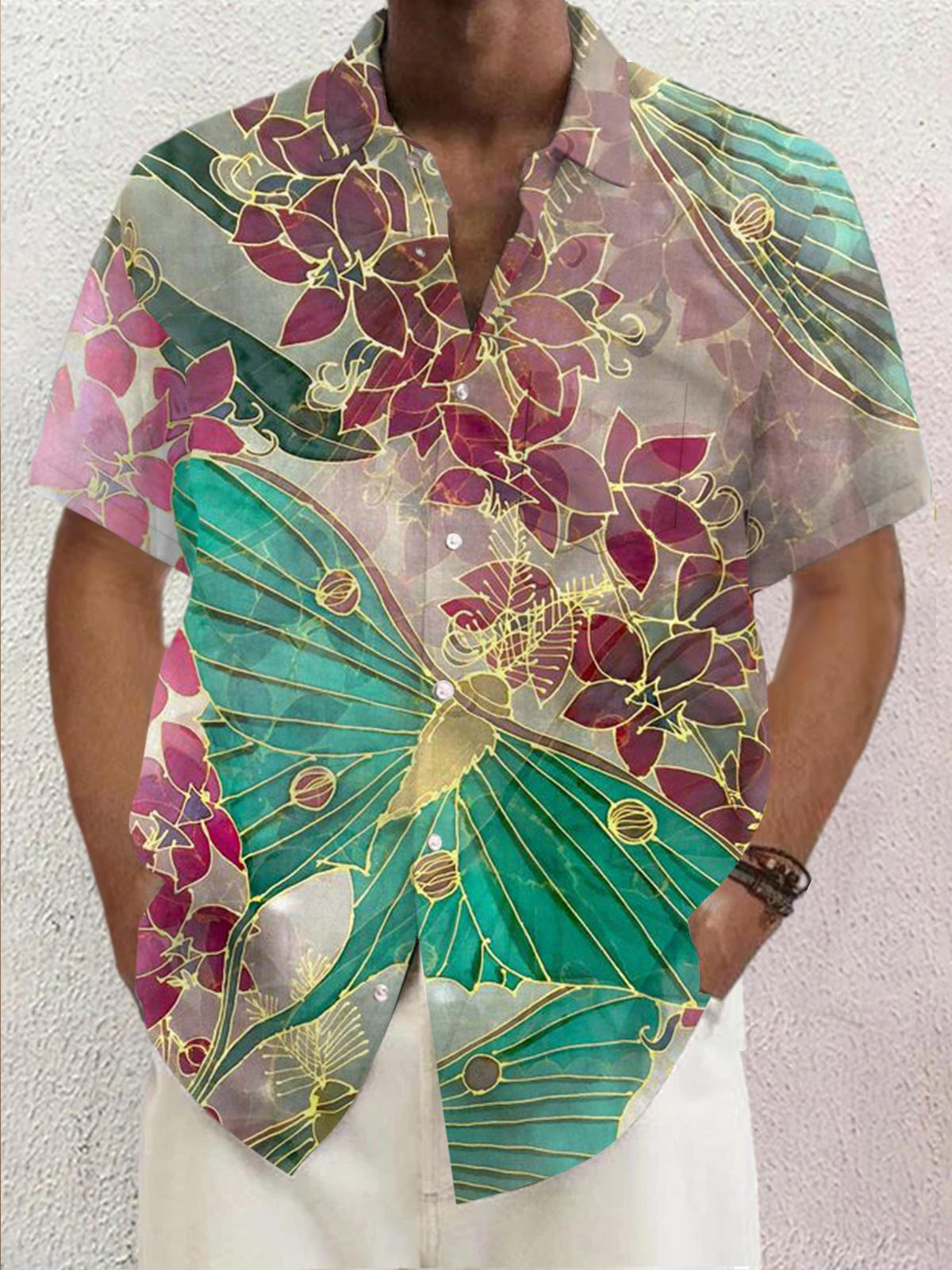 Butterfly Print Short Sleeve Men's Shirts With Pocket