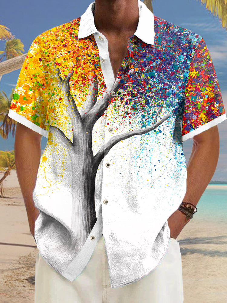 Oil Painting Tree Of Life Print Men's Short Sleeve Shirt