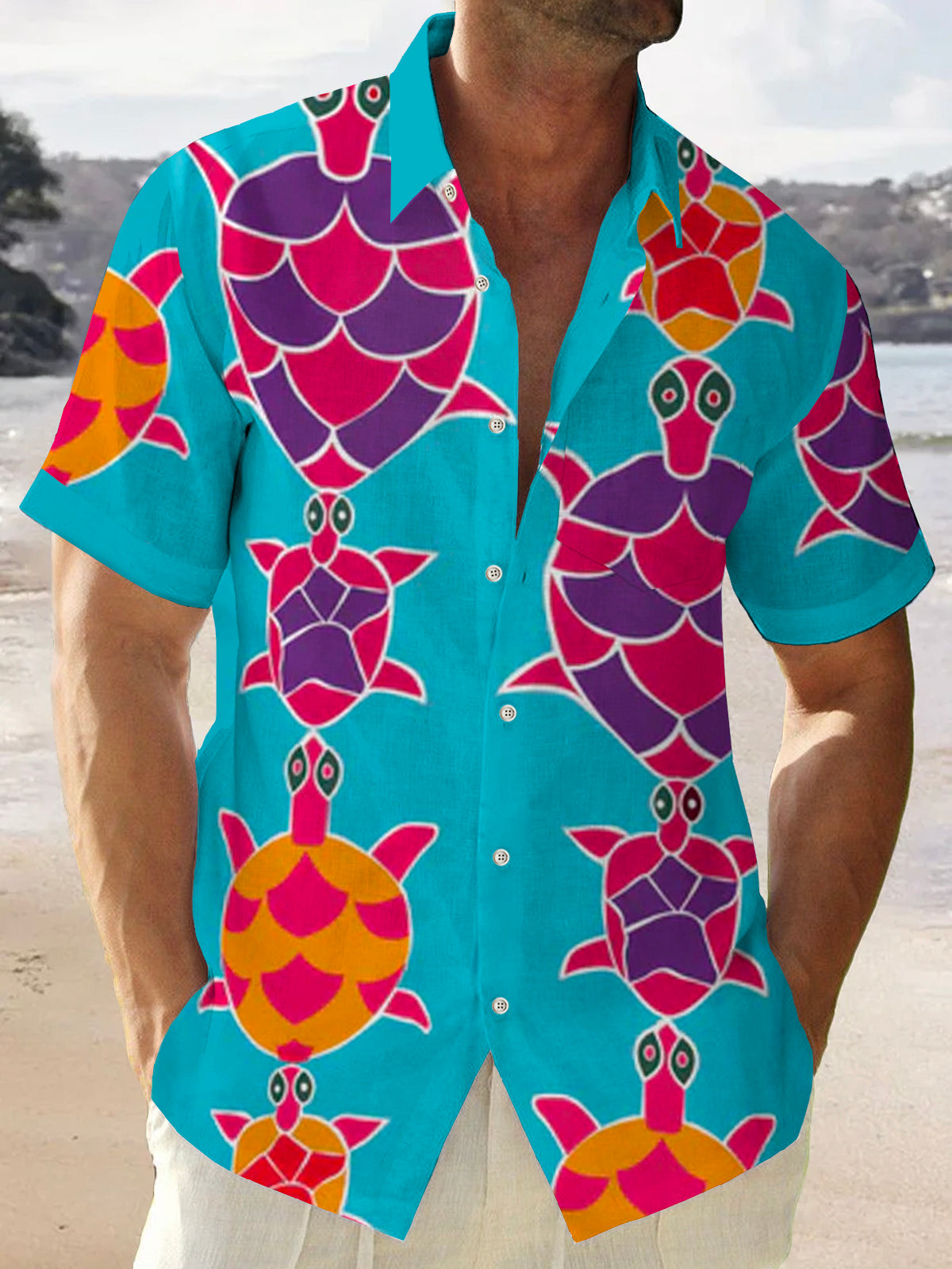 Hawaiian Aloha Turtle Retro Bowling Short Sleeve Men's Shirts With Pocket