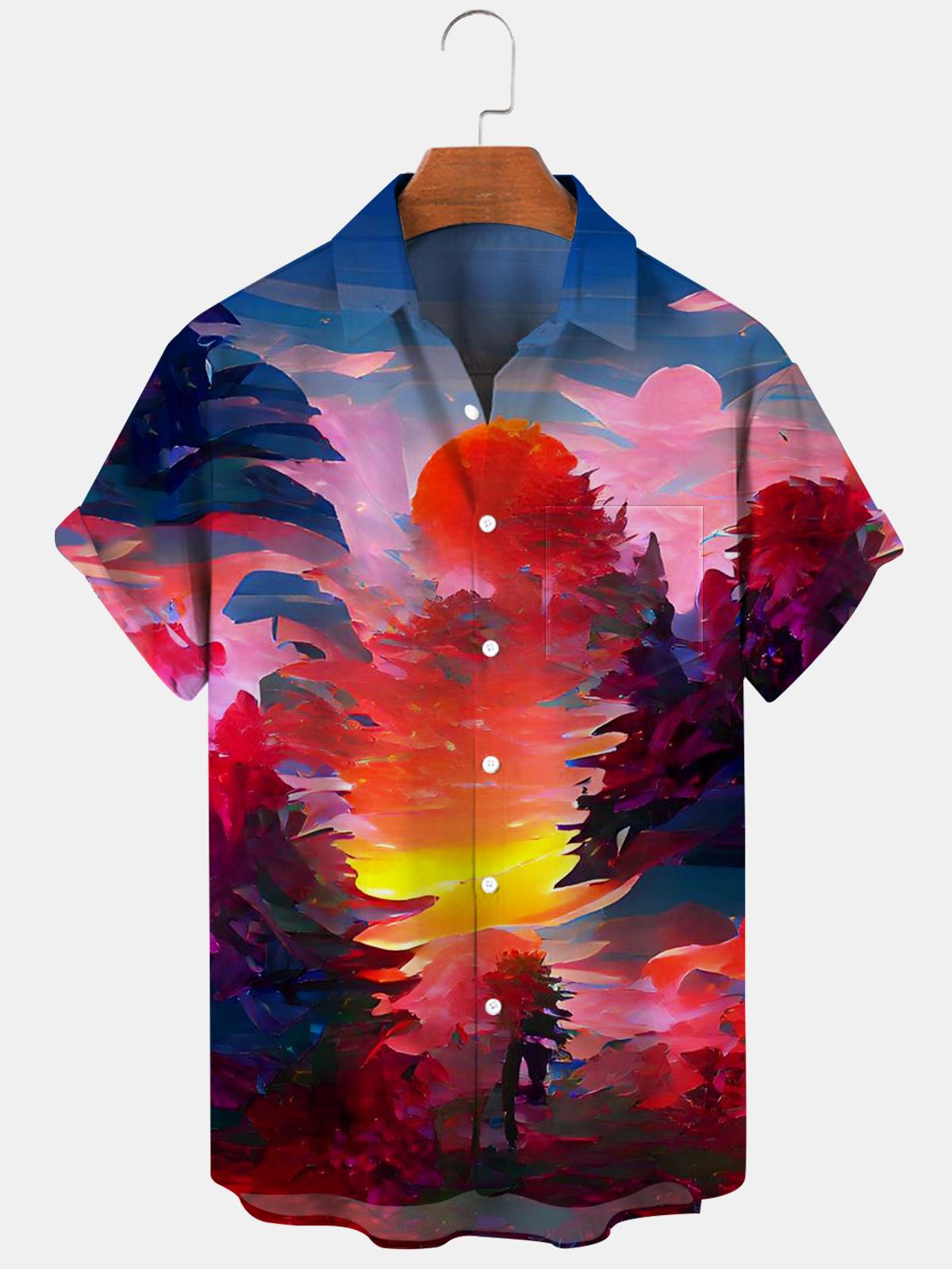 Abstract Landscape Print Men's Shirts With Pocket