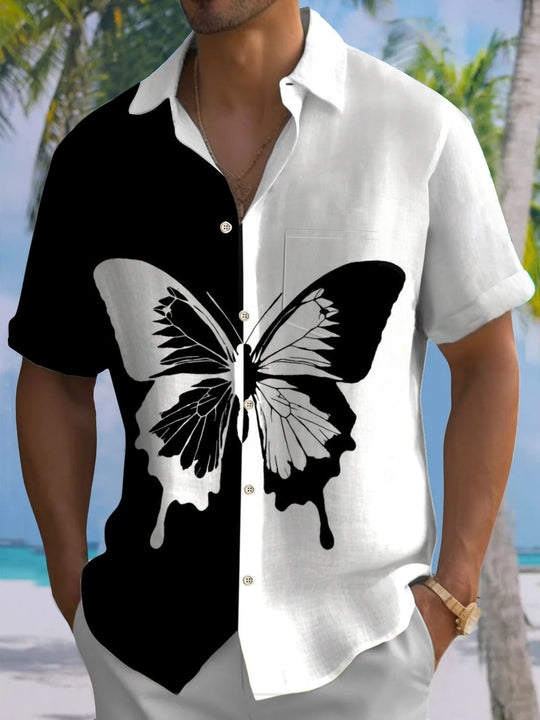 Men's black and white butterfly contrast print short sleeve shirt with pocket front view