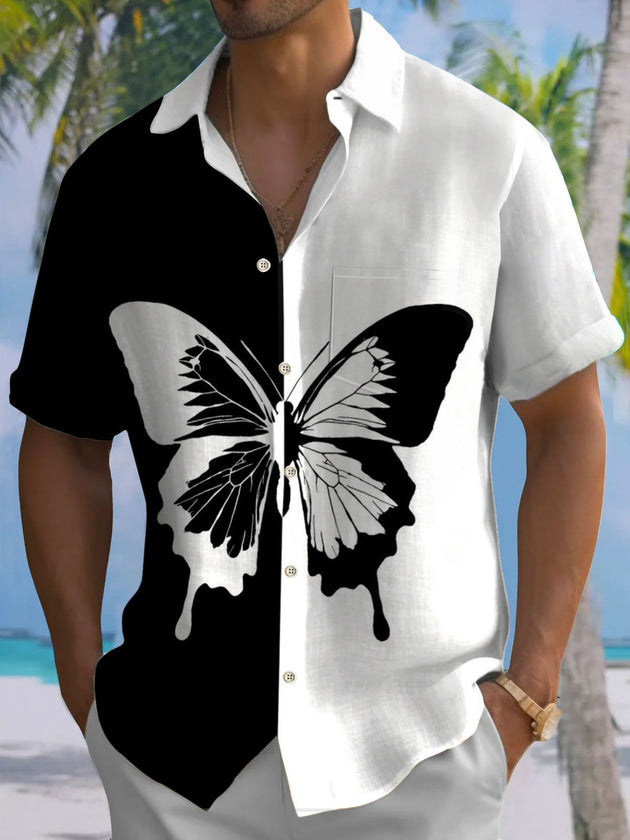 Men's black and white butterfly contrast print short sleeve shirt with pocket front view