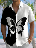 Butterfly Black and White Contrast Print Short Sleeve Men's Shirts With Pocket