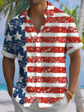 Stars Stripes Patchwork Print Short Sleeve Men's Shirts With Pocket