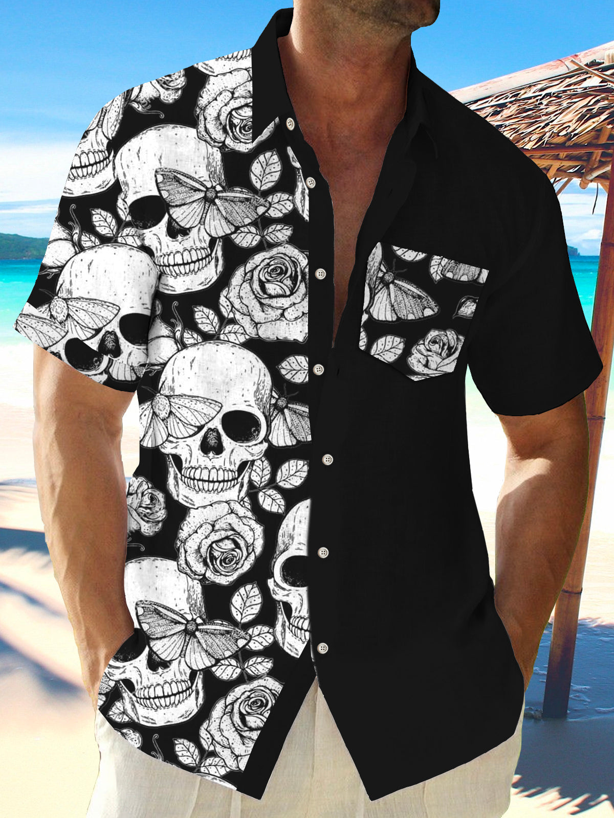 Art Hawaiian Casual Beach Skull Short Sleeve Men's Shirts With Pocket