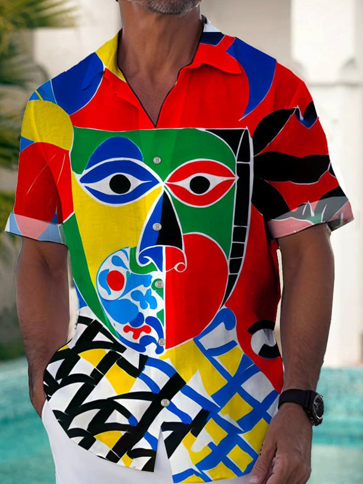 Abstract Face Print Short Sleeve Men's Shirts