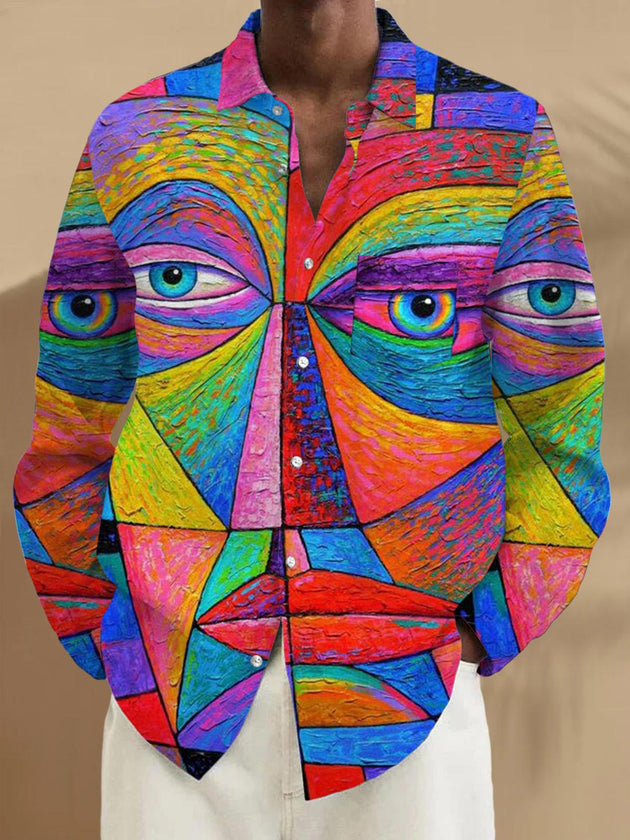 Men's abstract face print long sleeve shirt with pocket front view